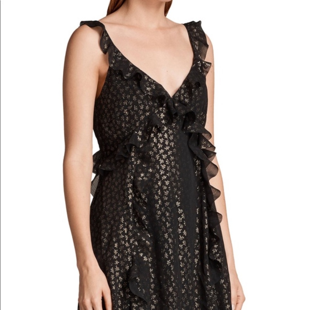 Allsaints Black/Gold Ruffle Silk Sleeveless Dress